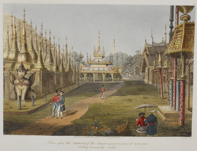 Scene upon the terrace of the Great Dagon Pagoda at Rangoon looking towards the north'.