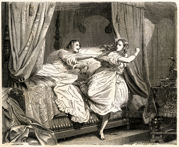D'Artagnan discovers Milady's branded lily mark as she escapes after a night of passion, 1899 (engraving)