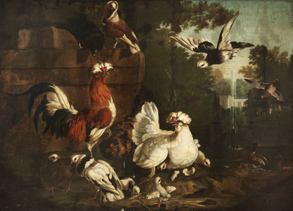 Barnyard Fowl with a Fountain and a Building beyond