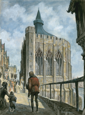 Reconstruction of the Chapel of St Thomas on old London Bridge (gouache on paper)