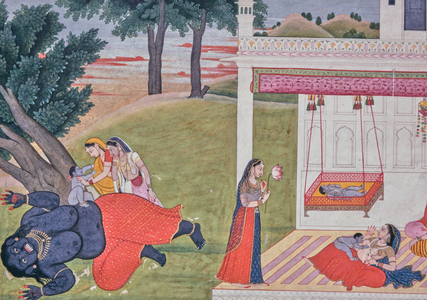Krishna slays the demon nurse, Krishna Legend, Kangra School, India
