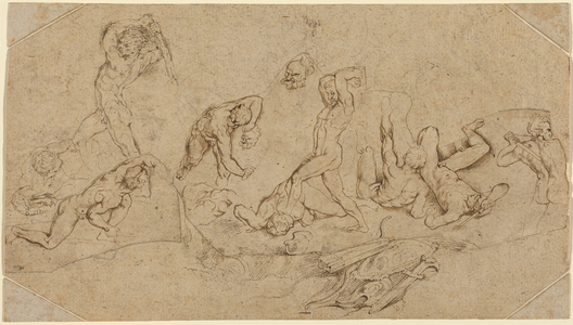Battle of Nude Men (pen and brown ink over black chalk on four irregularly cut pieces of two types of buff laid paper; laid down and with corner pieces added)