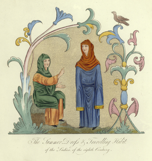 The summer dress and travelling costume of the ladies of the 8th Century (coloured engraving)