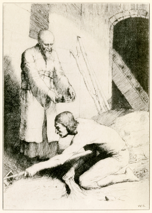 "The Man with the Muckrake" from 'The Pilgrim's Progress From This World, To That Which Is To Come' by John Bunyan (1628-1688) illustration by William Strang (1859-1921) In the Interpreter's House the man can only look down and fails to see the Celestial crown being offered.