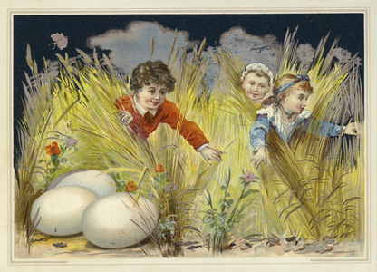Children looking for enormous Easter eggs (chromolitho)