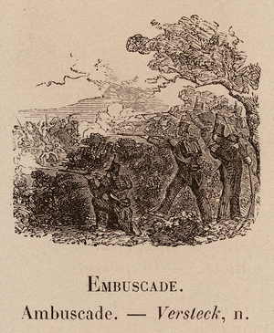 Le Vocabulaire Illustre: Embuscade; Ambuscade; Versteck (engraving)