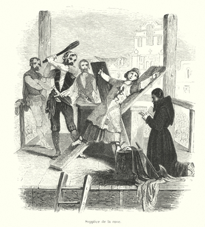 Convicted heretic being broken on a saltire under the Inquisition (engraving)