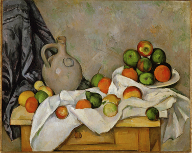 Curtain, jug and bowl of fruit (oil on canvas)