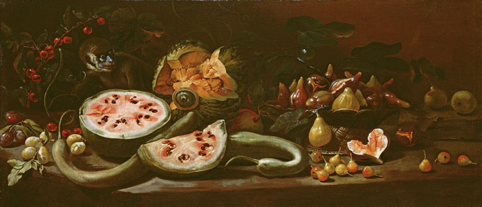 Still Life with Watermelons, Plums, Cherries, a Basket of Figs, Pears and a Monkey, c.1685 (oil on canvas)