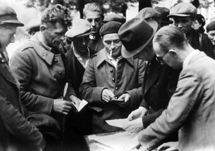 Recruitment of foreign workers in Metz, 1940 (b/w photo)