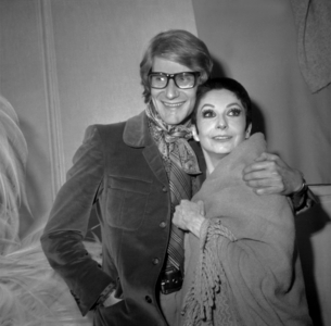Couturier Yves Saint-Laurent With Dancer Zizi Jeanmaire After Premiere of Zizi at The Olympia in Paris on November 13, 1968 (b/w photo)