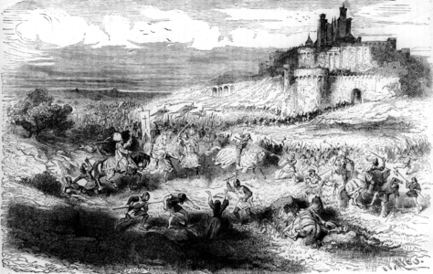 the Battle of Beziers (France) july 21, 1209 led by Simon de Montfort during his crusade against Albigensians , engraving