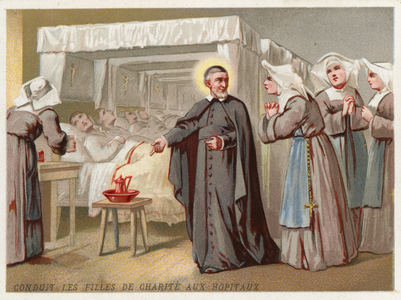 St Vincent de Paul leading the Daughters of Charity to help at a hospital (chromolitho)