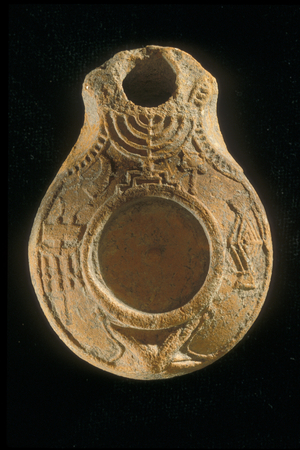 Samaritan oil lamp depicting a Menorah (terracotta)