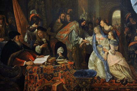Esther before Ahasuerus, late 1660s, by Jan Havickszoon Steen (1626-1679).