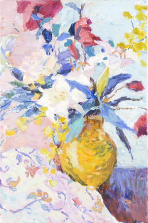 Still Life with Lillies and Yellow Vase (oil on canvas)