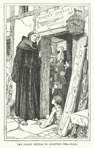 The priest listens to Colette's preaching (litho)