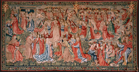 Flemish tapestry. Series Human Redemption or Vices and Virtues. Christ ascends to Heaven and Man is redeemed before God (Cristo asciende al Cielo y el Hombre se redime ante Dios). Ninth tapestry in the series (fourth of those kept in Palencia). Brussels’ manufacture, workshop. Ca 1510.