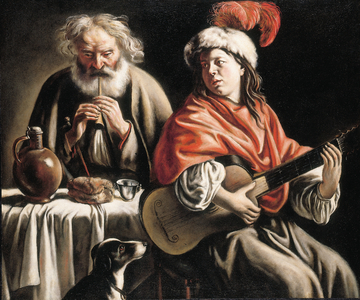 A young man playing a guitar and an old man playing a pipe in an interior (oil on canvas)
