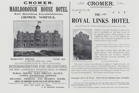 Advertisement, Cromer, Marlborough House Hotel, The Royal Links Hotel (b/w photo)