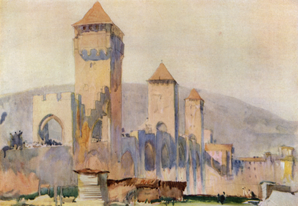 Pont Valentre at Cahors in France, the fortified gates and towers (colour litho)