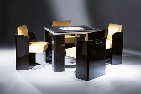 Games table with four matching chairs, for the Paris apartment of Madeleine Vionnet, 1929 (lacquered wood, marquetry, leather & tubular steel)