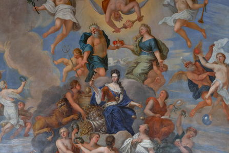 Queen Anne surrounded by a host of personified virtues, detail of The Queen's Drawing Room ceiling, 1699 (painted ceiling)