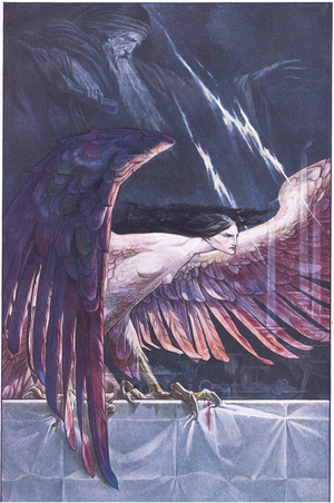 Ariel as a harpy, illustration from'The Tempest', 1908 (colour litho)
