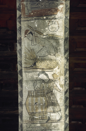 Spain. Castle Alcaniz. Gothic paintings depicting July with a man threshing and August with a man adjusting a barrel.