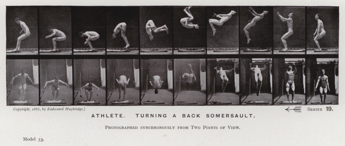 The Human Figure in Motion: Athlete, turning a back somersault (b/w photo)