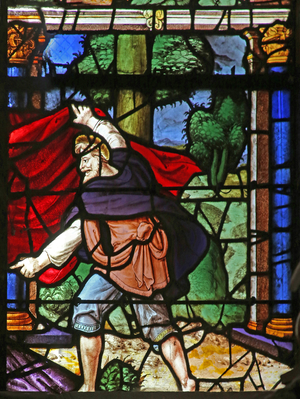 Window w40 depicting Noah's shame - Seth covers his nudity (stained glass)