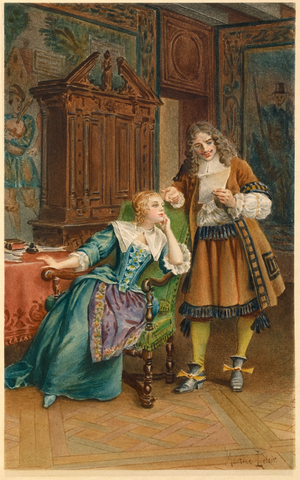 Moliere reads a new play to Armande Bejart (illustration)