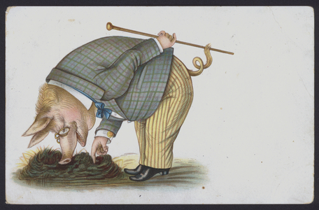 Pig examining a cow pat (chromolitho)