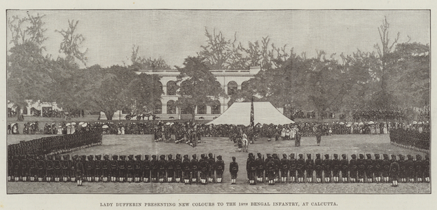 Lady Dufferin presenting New Colours to the 18th Bengal Infantry, at Calcutta (engraving)