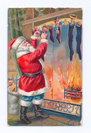Edwardian Christmas postcard of Father Christmas putting some toys into a stocking next to a fireplace, c.1910 (colour litho)