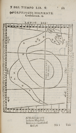 Orphiuchi serpiente. A snake. An illustration of a star constellation from a 17th astronomy record.