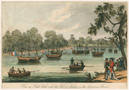 View in Hyde Park with the Fleet at Anchor on the Serpentine River. Naumachia.  Peace of 1814 (coloured engraving)