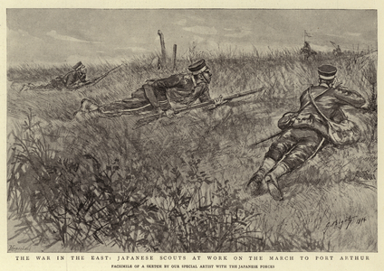 The War in the East, Japanese Scouts at Work on the March to Port Arthur (litho)