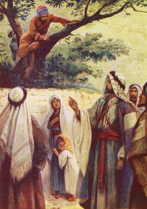 Jesus and Zacchaeus (colour litho)