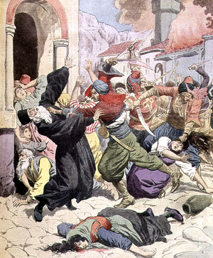 Balkan Wars, 1912 : massacre of serbian peasants by turkish muslims, engraving
