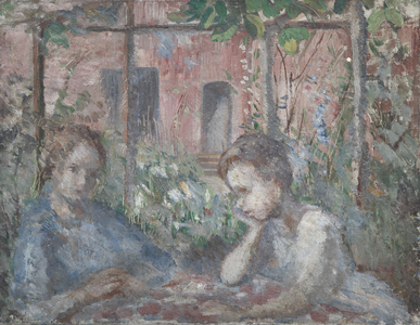 A Girl and a Boy at a Table under a Pergola (oil on canvas)