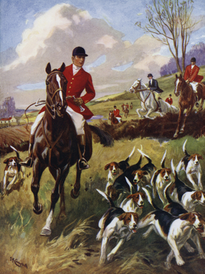 Fox hunting in autumn (colour litho)