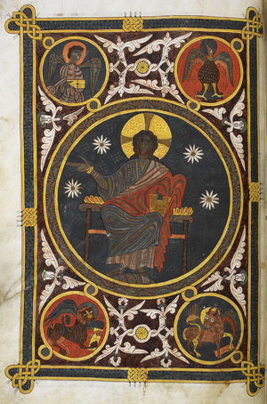 Christ in majesty is set within a circle; his right hand raised in blessing, and holding a book in his left hand. In the background are four stars. In the corners are four roundels with the symbols of the evangelists, around which are pairs of coiled serpents and human heads with foliate motifs emerging from their mouths