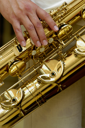 Baritone saxophone, close-up.