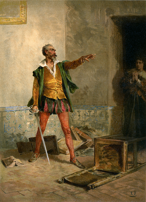 Don Quixote in his library with his niece, 1880 (chromo)