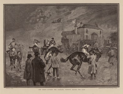Outside the saddling paddock before the Epsom Derby (engraving)