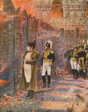 Napoleon watching the Fire of Moscow (colour litho)