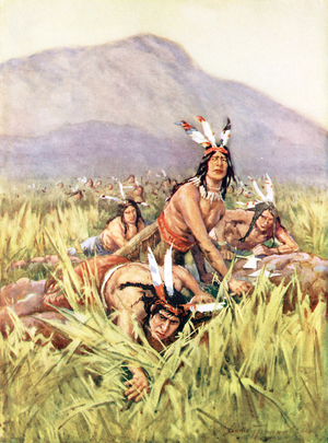 American Indians about to make an attack (colour litho)