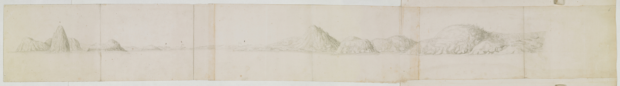 [Drawing No.13] View of the coast of Tierra del Fuego, with the Endeavour, dated 12th January 1769