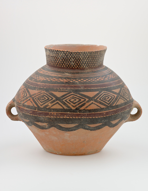 Wide mouth storage jar with bands and lozenge-spiral design, c.2200-2000 BC (earthenware & paint, Machang type)